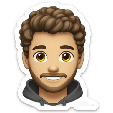 young man  fit with short beard smiling medium long curvy rockabilly style brown hair with light skin and dark brown eyes wearing dark gray sweatshirt hoodie sticker