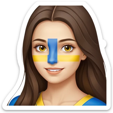 Brunette woman with long hair, Ukrainian flag (blue and yellow) painted on her cheek, happy expression sticker