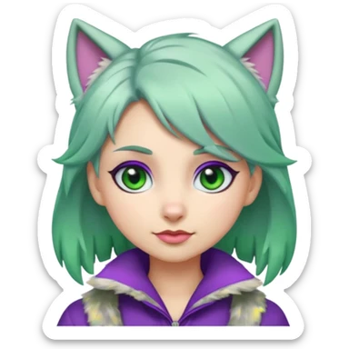 Roxanne Wolf as a cute emoji, silver fur, green hair, purple eyes, confident expression sticker