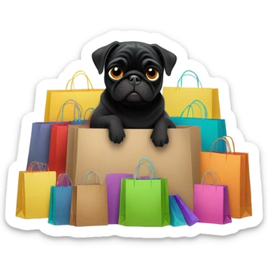 Black pug with many shopping bags sticker