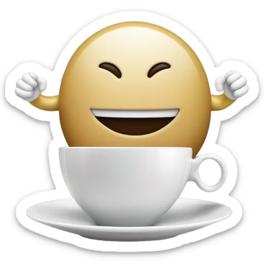 a computer with arms and a smile face on screen with coffe sticker
