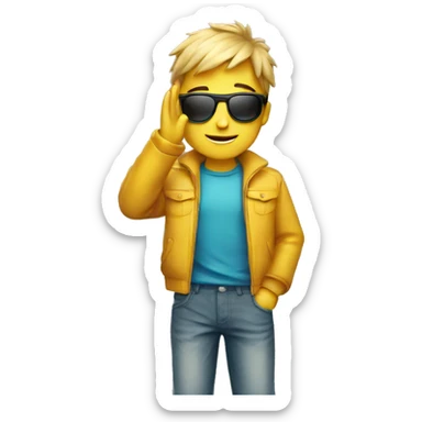 A boy  with sun glasses doing bye sticker