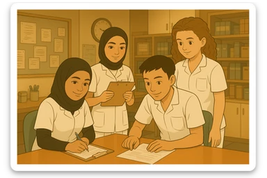 Create a collaboration scene with the four nursing students from the provided photos, in a care station, Ghibli style. White uniforms, V-neck medical tunics, left chest pocket, short sleeves, no classic collar, no accessories, warm and professional atmosphere. sticker