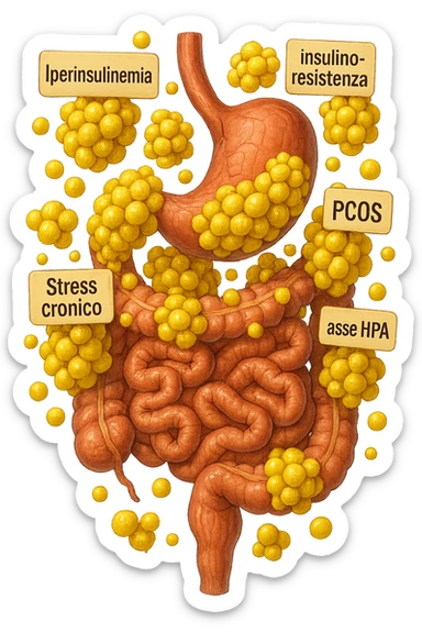 STOMACO E INTESTINO SONO VERTICALMENTE COLLEGATI E INTORNO A QUESTI ORGANI CI SONO CELLULE DI GRASSO GIALLE ATTACCATE SOPRA A GRAPPOLI, intorno fluttuano cellule di grasso giallo e alcune targhette con queste parole "Iperinsulinemia", "insulino-resistenza", "PCOS", "Stress cronico", "asse HPA", IPERREALISTICO 4K sticker