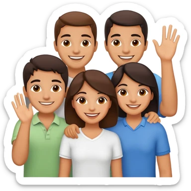 Group of Latino friends with warm smiles, relaxed poses, some waving, others mid-chat – friendly and lively vibe sticker