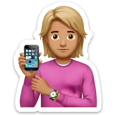 man wearing a pink long sleeve shirt, loose hair, wearing a watch on the arm, holding a cellphone in hand, apple emoji style sticker