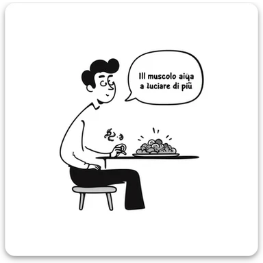 Uomo che mangia sano ma non riesce a dimagrire, piatto di insalata e pollo, corpo magro ma poco tonico, testo in italiano: “Il muscolo aiuta a bruciare di più”. sticker