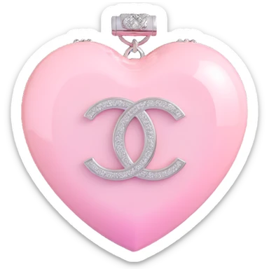 Add a soft pink glow around the glossy white heart with diamond accent and silver Chanel logo, elegant, white and silver color scheme, keep the background transparent except for the glow. sticker