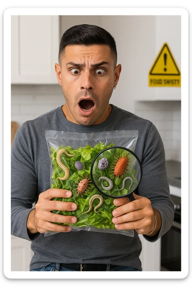 a man holds a bag of salad with both hands, his face frozen in shock as he looks at the contents. Inside the bag, exaggerated but realistic depictions of parasites and bacteria are visible, some highlighted with a magnifying glass overlay. The background is a clean kitchen, and a warning sign appears in the corner to reinforce the message about food safety. sticker