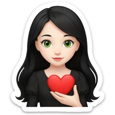 Pale girl with long black hair and olive green eyes soft smile wearing black dress and holding a heart sticker
