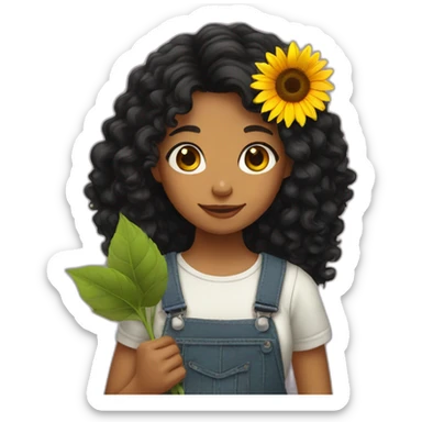 Long black Curly hair Girl holding sunflower sticker
