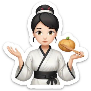 middle age mom with black bun wearing white home kimono and white apron sticker