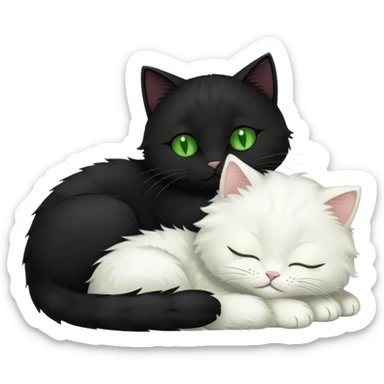 Big black cat with green eyes is sleeping with a small white cat sticker