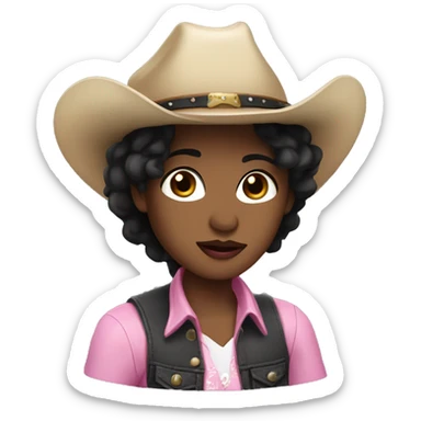 straight black hair,pink lipstick,hazel eyes, white skin, a small nose and a cowboy hat  sticker