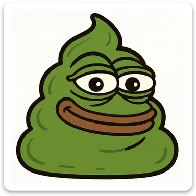 Make this green, goopy AI slop emoji look more like the classic poop emoji shape, but keep the green color and goopy, slimy texture. Add a mischievous, silly face in the style of Pepe the Frog meme. sticker