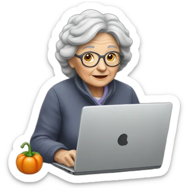 Old woman sitting with a Grey laptop and a vegetable sticker