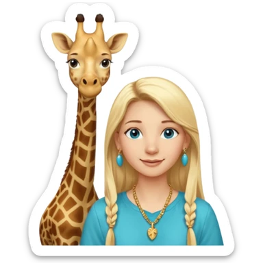 Swedish girl blonde long straigt hair blue eyes turqoise shirt gold earings, girrafe necklace gold small, very long lashes smiling closed mouth,  sticker