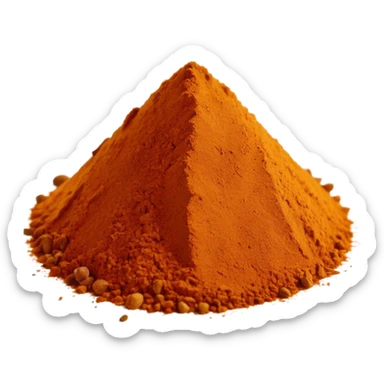 small mound or scattered pinch of Ras el Hanout powder, warm earthy colors deep golden amber reddish-brown subtle orange, fine slightly grainy texture, visible specks of different spice colors, dry aromatic, clean elegant soft shadows realistic lighting, no faces or container, emoji scale sticker