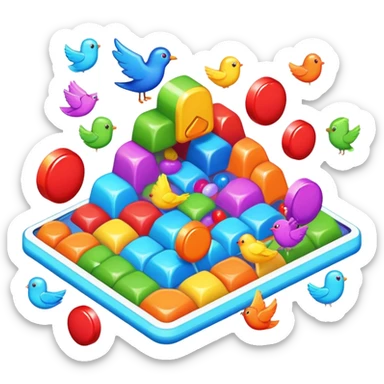 An icon representing a casual game, inspired by titles like Candy Crush. The design features colorful puzzle pieces, bouncing birds, and characters running through dynamic landscapes. Vibrant HUD elements like scores and power-ups highlight the playful. Transparent background sticker