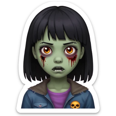 girl, zombie, black hair, medium long, emo, bangs, dark, spooky, creepy expression sticker