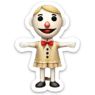 Icon for Puppet Theater: a puppet on strings with theatrical curtains in the background, along with a small stage and dramatic lighting. The icon should represent the whimsical and artistic nature of puppet performance. Transparent background. sticker