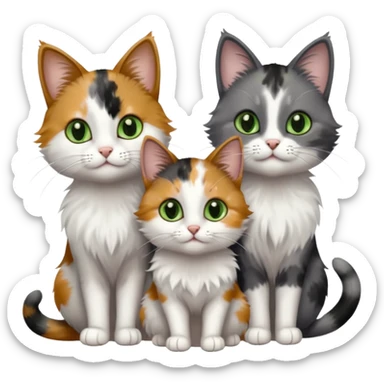 3 different coloured small cats including a dark grey and white, and a patchy calico with hazel eyes and a completely solid dark grey with green eyes and only white paws sticker