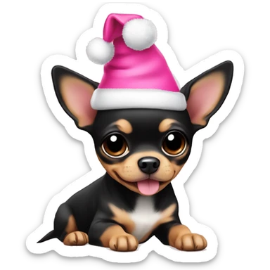 black & tan chihuahua puppy with pink christmas hat  sticker