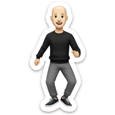 a bald white man, with a black sweater and gray jogging pants and dancing shoes sticker