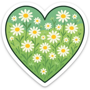 heart with a field of daisies, clean digital illustration sticker