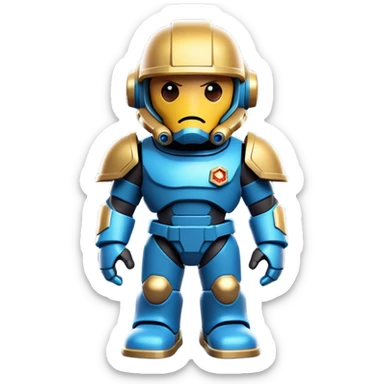 Clash of Clans aesthetic: Cinematic Playful Terran Marine Hero Emoji, rendered in a 3D vector-style similar to standard emojis with minimal shading and bold, simplified shapes. A compact, heroic isometric figure clad in futuristic power armor with signature energy accents, softly glowing with a cosmic battle charm. Simplified yet unmistakably iconic, highly detailed and consistent, glowing with a soft radiant shine and high gloss. Stylized with a touch of interstellar valor and a soft glowing outline, capturing the essence of an elite space warrior with a friendly, playful manner! sticker