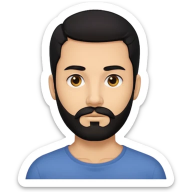 A man with black eyes. With a black beard and medium smooth hair. with the neck sticker