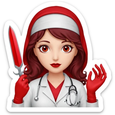 Lilith scalpel in hand, evil surgeon outfit.  She has red eyes. She has dark brown curly hair. Hair is long . Wears sexy doctor outfit with red gloves. Clears, mouth with Muslim red burka sticker