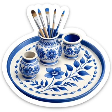 Gzhel-style metal painting icon, hand-painted Gzhel-style metal tray with intricate blue and white floral patterns, visible paintbrush and paint pots, metal surface in the process of being painted, no finished artwork, just the painting process, minimalistic style, clean lines, transparent background. sticker