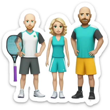 White couple, 35 yro, in pickleball clothes. Male bald= aqua eyes, beard, white, bald, and aqua eyes. Female = long light brown hair, aqua eyes.  sticker
