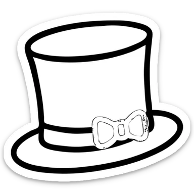 A minimalist black top hat slightly tilted, with a thin ribbon bow in #C5343C color on the brim. Slightly elegant and theatrical, flat vector style. sticker