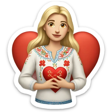 A Ukrainian woman in an embroidered shirt holds a heart in her hands sticker
