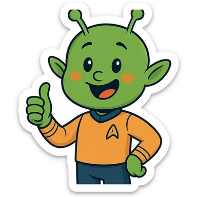 cheerful alien giving thumbs up in a crew uniform, cartoon style, inspired by the reference image's color palette and head shape sticker