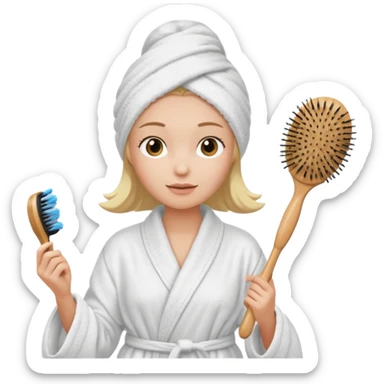 Women wearing shower robe an their hair with towel holding a brush sticker