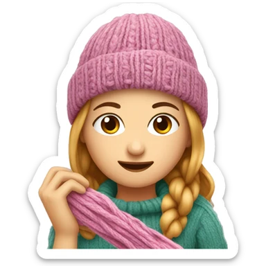 Girl knitting a beanie sticker