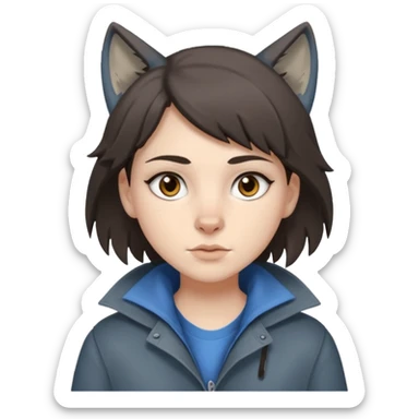 Hobo tomboy with dark brown hair in a wolf cut style, brown eyes, dirty dark grey coat, blue-grey shirt. sticker