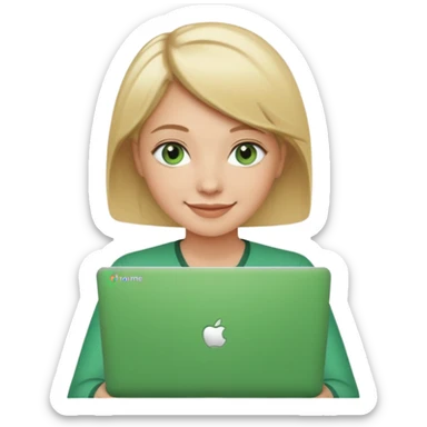 short blonde hair teacher green eyes woman happy holding chromebook sticker
