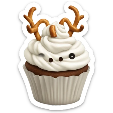 Cupcake with white frosting and with pretzel antlers at the top sticker