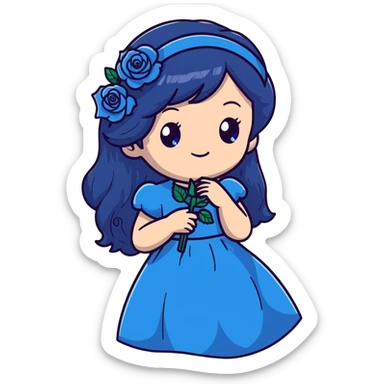 anime style girl with long dark blue hair, blue rose hair accessory, bright blue eyes, black dress, friendly smile sticker