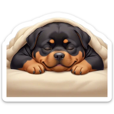 Cinematic Chubby Sleeping Rottweiler Portrait Emoji, Chubby and serene, with a robust, adorable build and a soft, plush black fur with tan markings, eyes gently closed in peaceful slumber, Simplified yet irresistibly endearing features, highly detailed, glowing with a gentle, dreamy glow, high shine, relaxed and content, stylized with a touch of whimsy, bright and heartwarming, soft glowing outline, capturing the essence of a blissfully sleepy guardian, so comically serene it feels like it could roll out of the screen and snore with adorable charm! sticker
