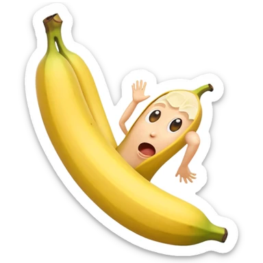 Design an emoji of a banana 🍌 slipping on its own peel, mid-air, shocked face. sticker