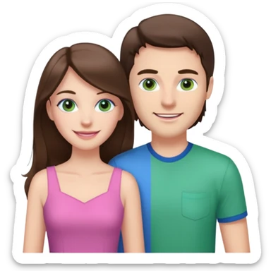 “A pink Polaroid-style photo of a couple: a white woman with long brunette hair and blue eyes, and a white man with short brunette hair and green eyes.” sticker