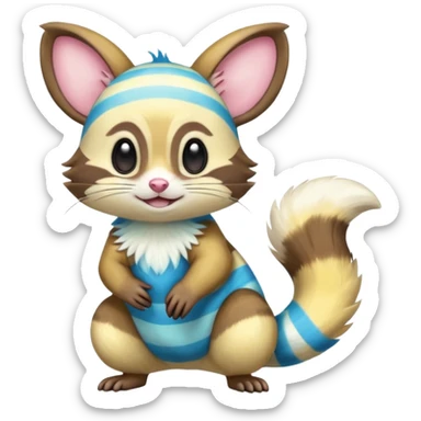 Neon-yellow and neon-cobalt-blue- and cyan-gradients-striped Furret-Emolga-Genet-Cacomistl-hybrid-fusion (full body) sticker