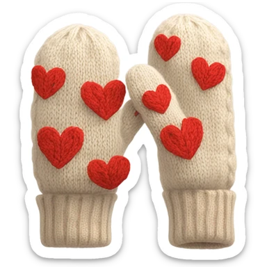 A pair of cozy knitted beige mittens with red hearts sticker