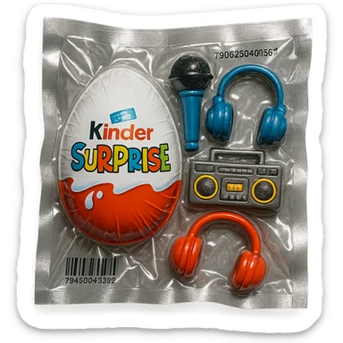 Kinder Surprise egg with standard wrapper next to toys: microphone, boombox, headphones, glossy vacuum-sealed style sticker