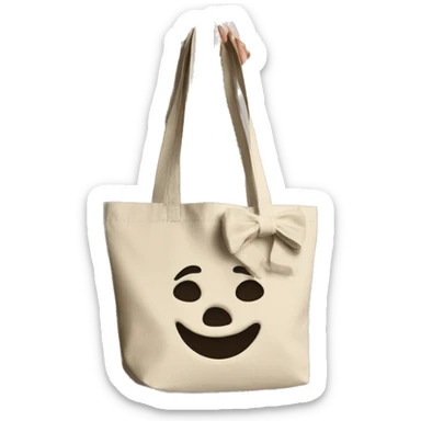 a sand color tote bag made with soft cotton with a bow as the handle. sticker